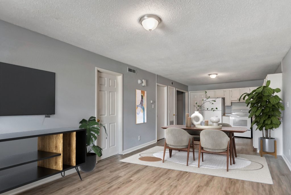 Renovated kitchen and dining area with modern finishes